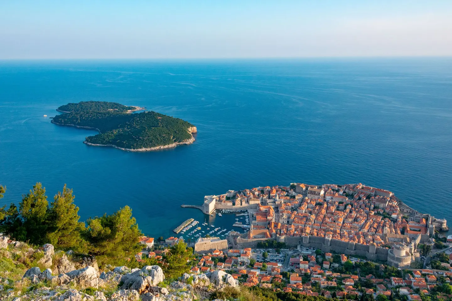 Dubrovnik old town and its harbour below Srđ, with Lokrum island in the Adriatic