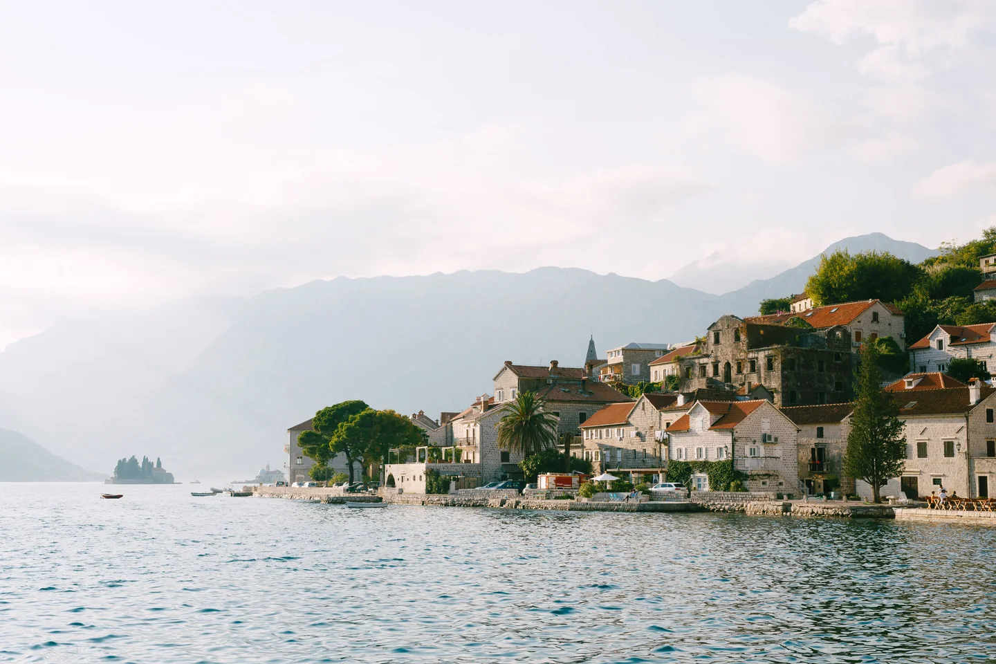 Stone waterfront buildings in Perast beside the Bay of Kotor